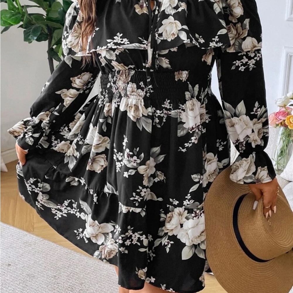 Shein Floral Print Cold Shoulder Flounce Sleeve Knot Front Dress - Picture 5 of 5